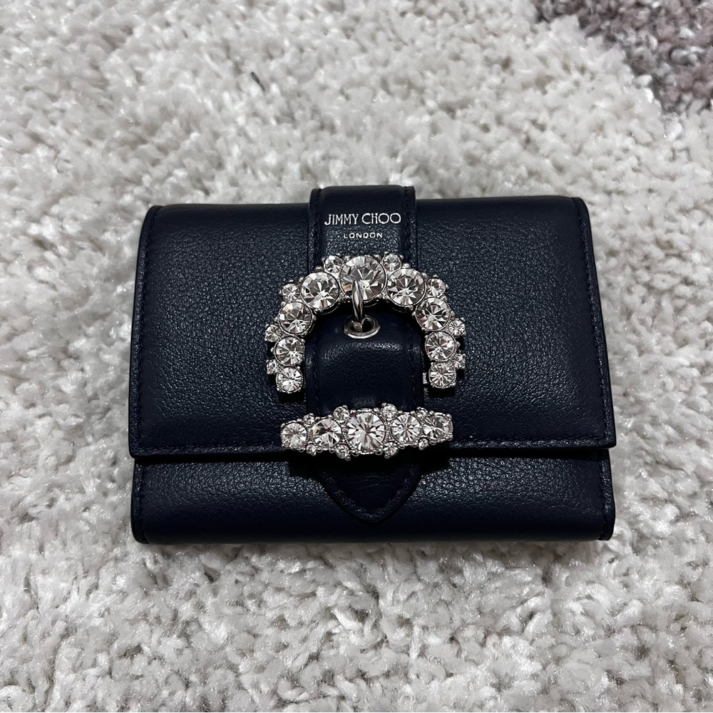 Jimmy Choo Cheri Cosmos Leather CZ Jewel Card Holder Small Trifold Walle…